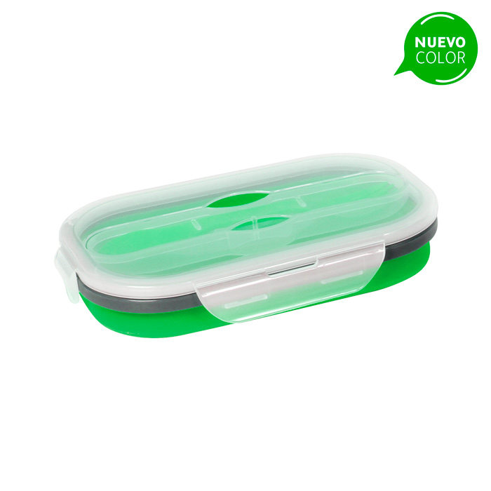 HM-026, Contenedor de alimentos plegable fabricado en silicón con broche de seguridad y cubierto 3 en 1 (cuchara, tenedor y cuchillo).