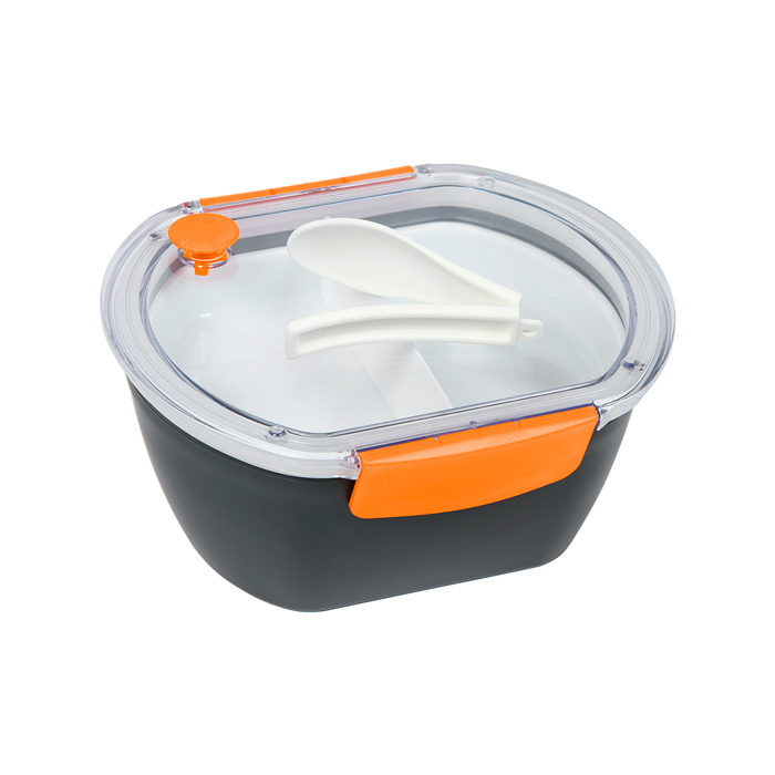 HM-039, Contenedor para alimentos base en color negro fabricado en AS, tapa translucida de silicón con accesorios de colores y compartimentos con cuchara.