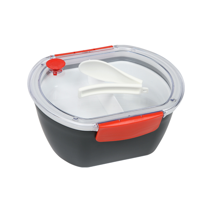 HM-039, Contenedor para alimentos base en color negro fabricado en AS, tapa translucida de silicón con accesorios de colores y compartimentos con cuchara.