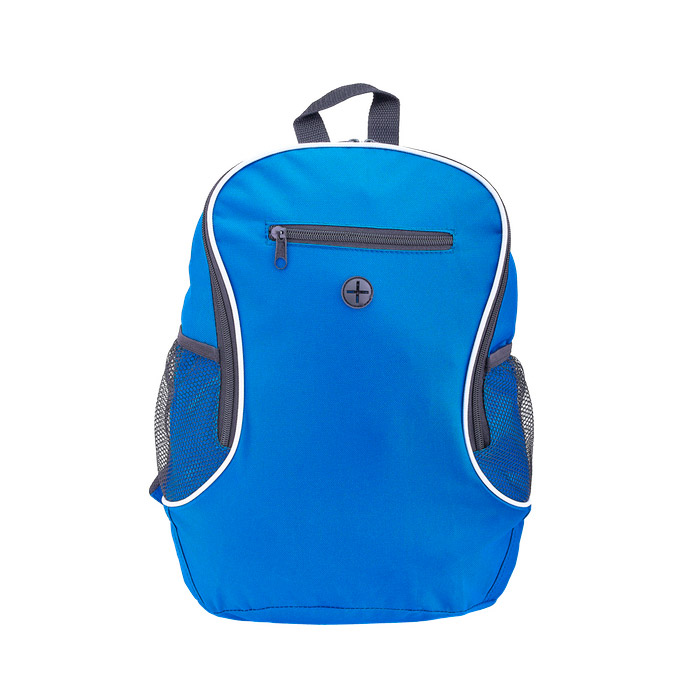 A2411, Mochila tipo backpack con salida para audífonos en el frente y bolsa de malla con cierre para guardar el celular o dispositivo. Con tirantes acolchados, correas ajustables, asa superior y bolsas de malla laterales para llevar el cilindro u objetos personales.