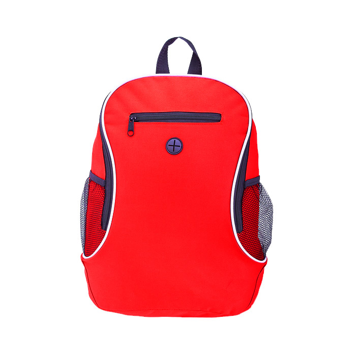 A2411, Mochila tipo backpack con salida para audífonos en el frente y bolsa de malla con cierre para guardar el celular o dispositivo. Con tirantes acolchados, correas ajustables, asa superior y bolsas de malla laterales para llevar el cilindro u objetos personales.