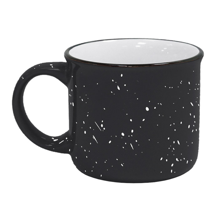 A2970, TAZA KOPAL. Taza de cerámica de boca abierta con filo negro. Exterior en color, tipo peltre. Interior en color blanco liso. CAP. 400 ml (14 OZ.) Venta en múltiplos de 12.